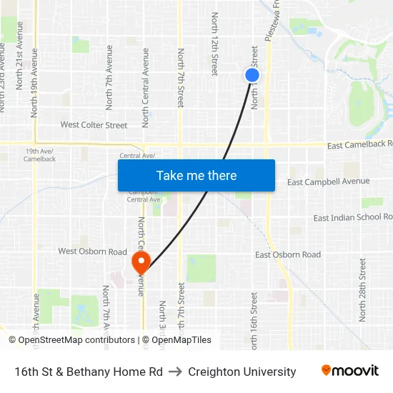 16th St & Bethany Home Rd to Creighton University map