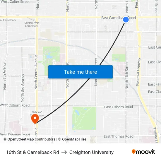 16th St & Camelback Rd to Creighton University map