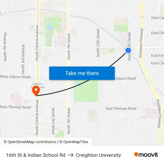16th St & Indian School Rd to Creighton University map