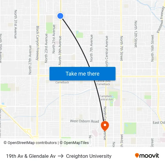 19th Av & Glendale Av to Creighton University map