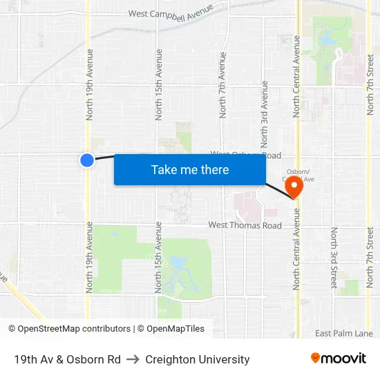 19th Av & Osborn Rd to Creighton University map