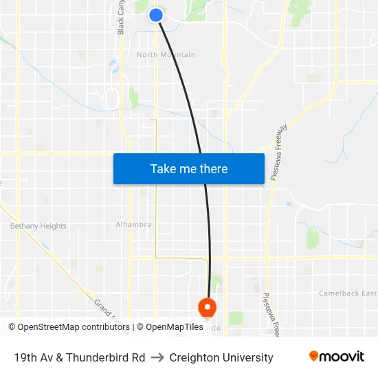 19th Av & Thunderbird Rd to Creighton University map