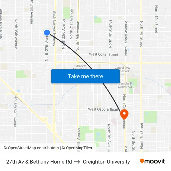 27th Av & Bethany Home Rd to Creighton University map
