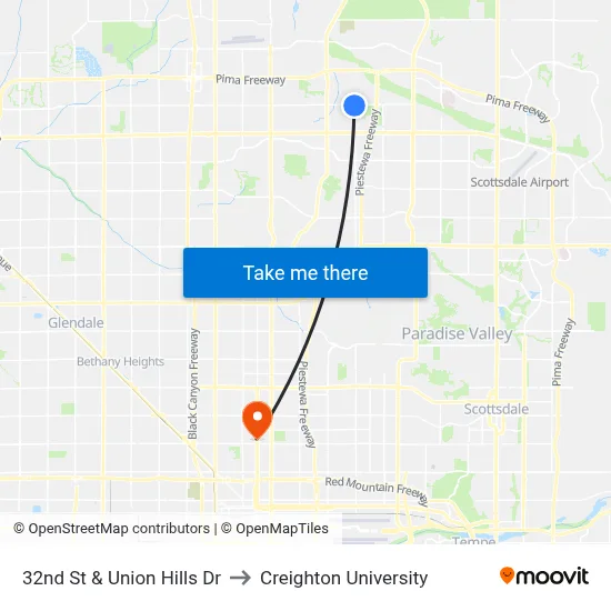 32nd St & Union Hills Dr to Creighton University map