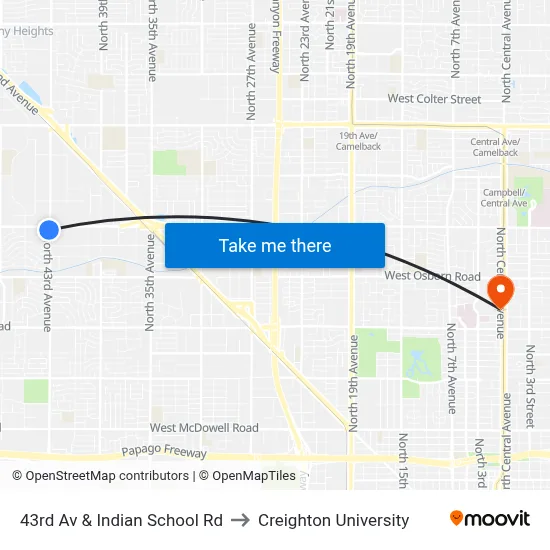 43rd Av & Indian School Rd to Creighton University map