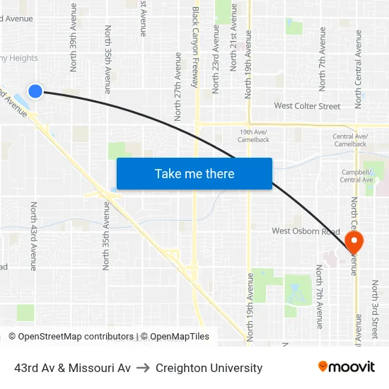 43rd Av & Missouri Av to Creighton University map