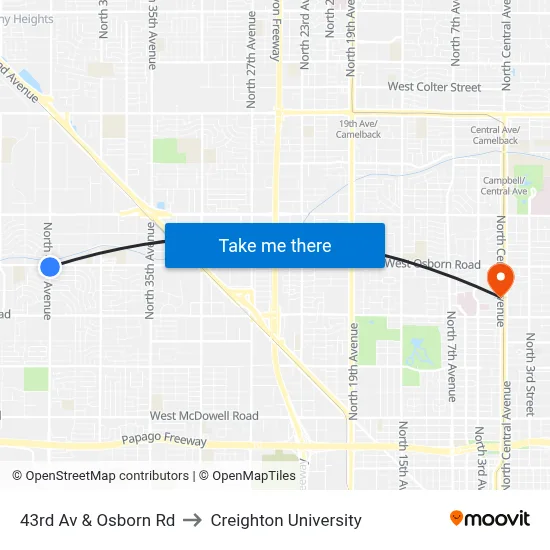 43rd Av & Osborn Rd to Creighton University map