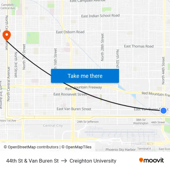 44th St & Van Buren St to Creighton University map