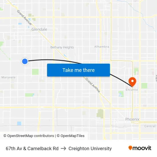 67th Av & Camelback Rd to Creighton University map