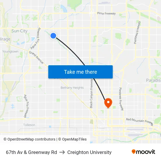 67th Av & Greenway Rd to Creighton University map