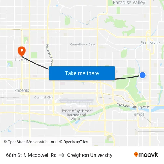 68th St & Mcdowell Rd to Creighton University map