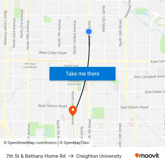 7th St & Bethany Home Rd to Creighton University map
