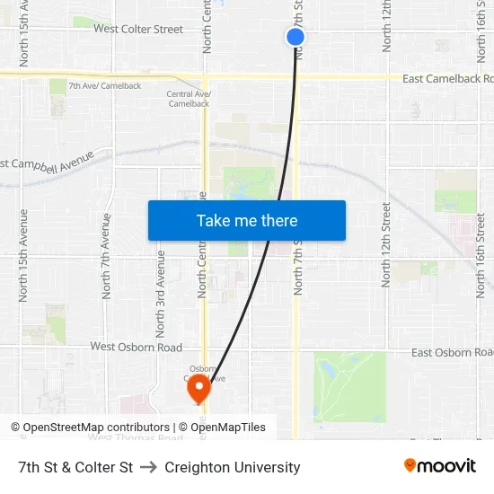 7th St & Colter St to Creighton University map