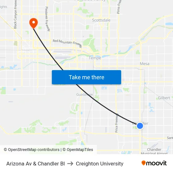Arizona Av & Chandler Bl to Creighton University map