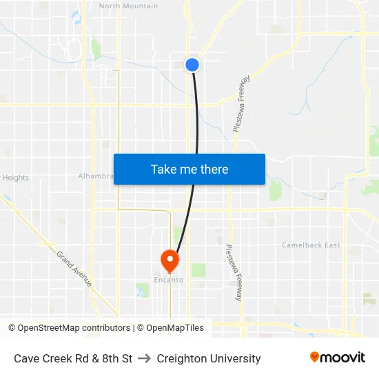 Cave Creek Rd & 8th St to Creighton University map