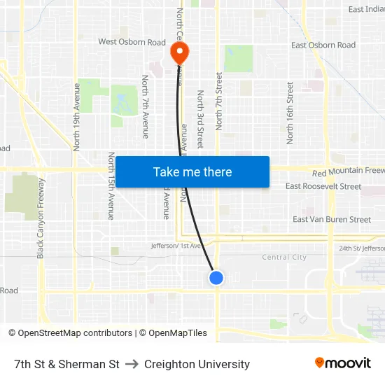 7th St & Sherman St to Creighton University map