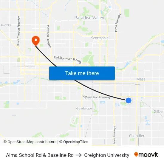 Alma School Rd & Baseline Rd to Creighton University map