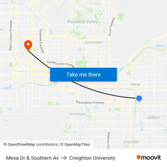 Mesa Dr & Southern Av to Creighton University map
