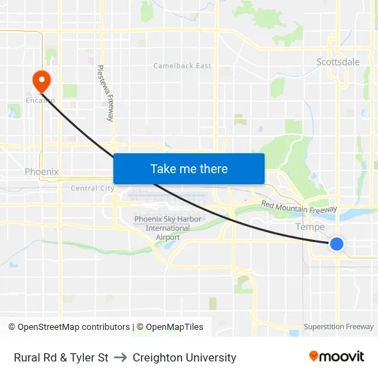 Rural Rd & Tyler St to Creighton University map
