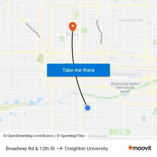Broadway Rd & 12th St to Creighton University map