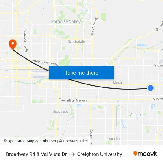 Broadway Rd & Val Vista Dr to Creighton University map