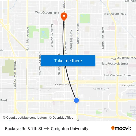Buckeye Rd & 7th St to Creighton University map