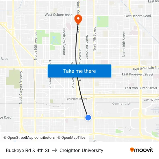 Buckeye Rd & 4th St to Creighton University map