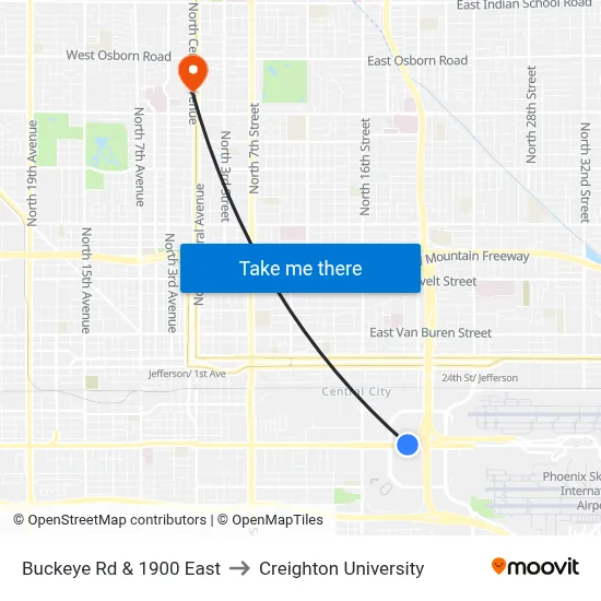 Buckeye Rd & 1900 East to Creighton University map