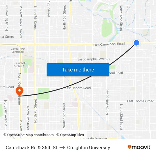 Camelback Rd & 36th St to Creighton University map