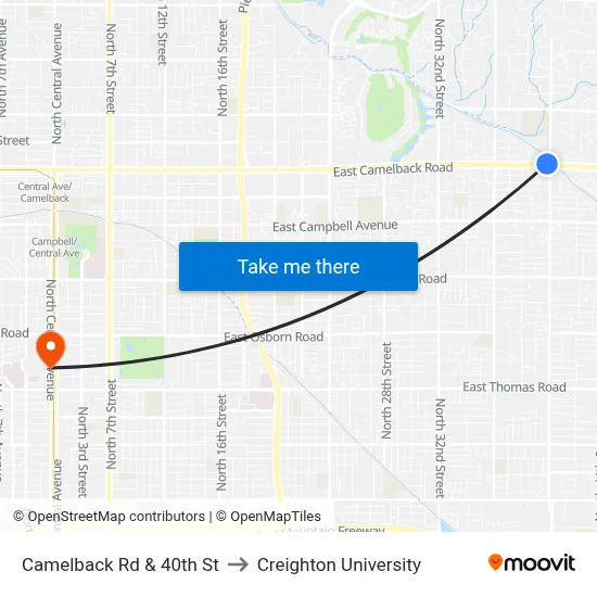 Camelback Rd & 40th St to Creighton University map