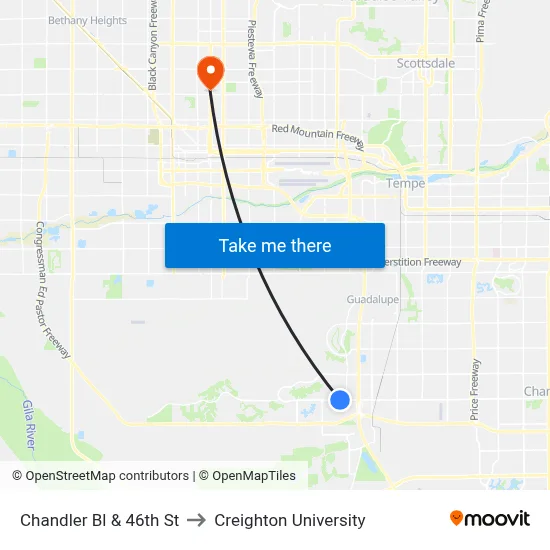 Chandler Bl & 46th St to Creighton University map