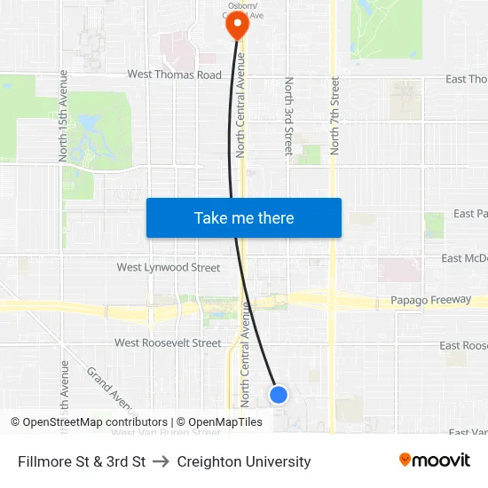 Fillmore St & 3rd St to Creighton University map