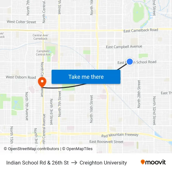 Indian School Rd & 26th St to Creighton University map