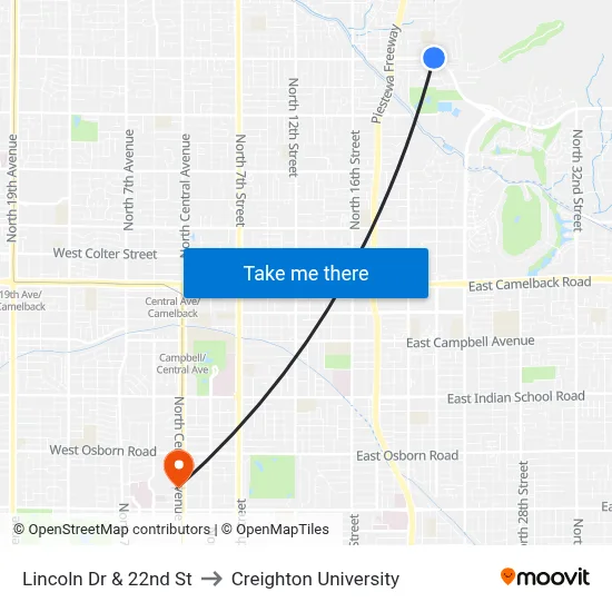 Lincoln Dr & 22nd St to Creighton University map