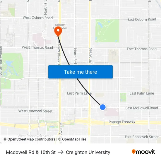 Mcdowell Rd & 10th St to Creighton University map