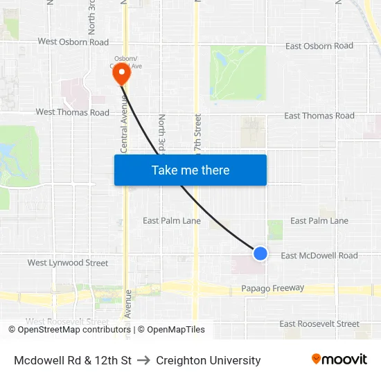 Mcdowell Rd & 12th St to Creighton University map