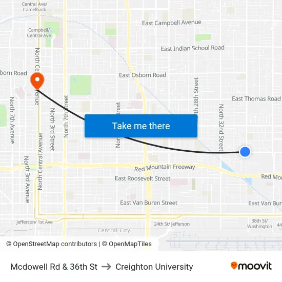 Mcdowell Rd & 36th St to Creighton University map