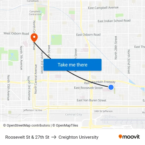 Roosevelt St & 27th St to Creighton University map