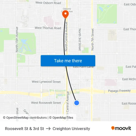 Roosevelt St & 3rd St to Creighton University map