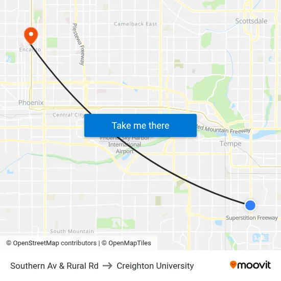 Southern Av & Rural Rd to Creighton University map