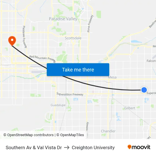 Southern Av & Val Vista Dr to Creighton University map