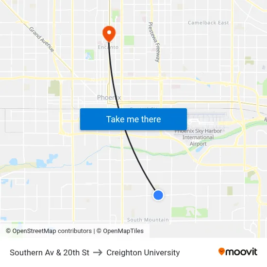 Southern Av & 20th St to Creighton University map