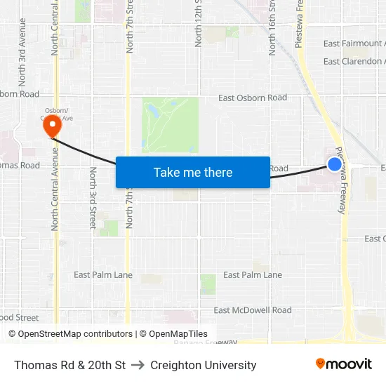 Thomas Rd & 20th St to Creighton University map