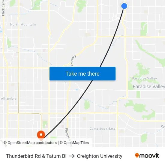 Thunderbird Rd & Tatum Bl to Creighton University map