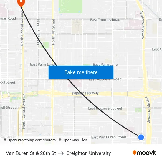 Van Buren St & 20th St to Creighton University map