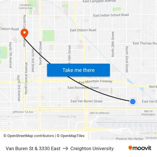Van Buren St & 3330 East to Creighton University map