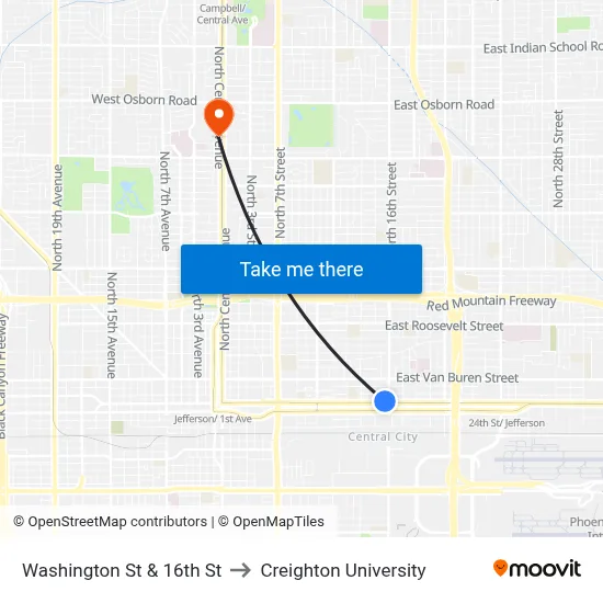 Washington St & 16th St to Creighton University map