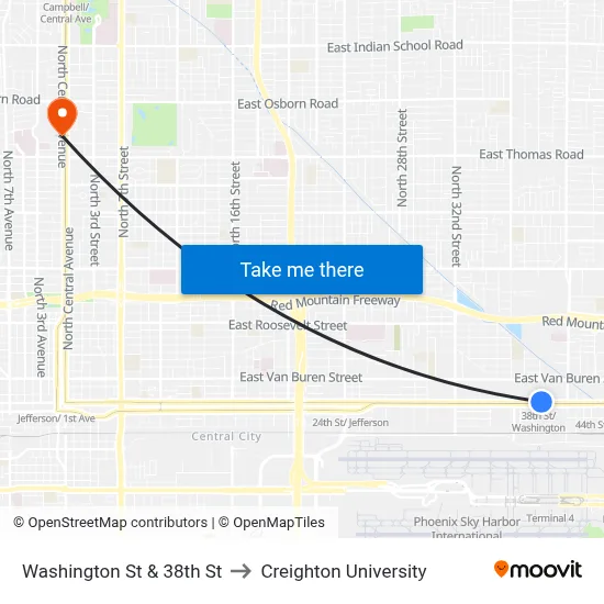 Washington St & 38th St to Creighton University map