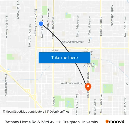 Bethany Home Rd & 23rd Av to Creighton University map