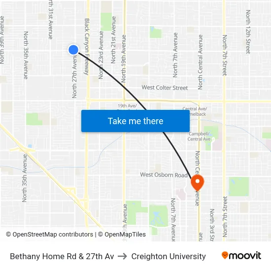 Bethany Home Rd & 27th Av to Creighton University map